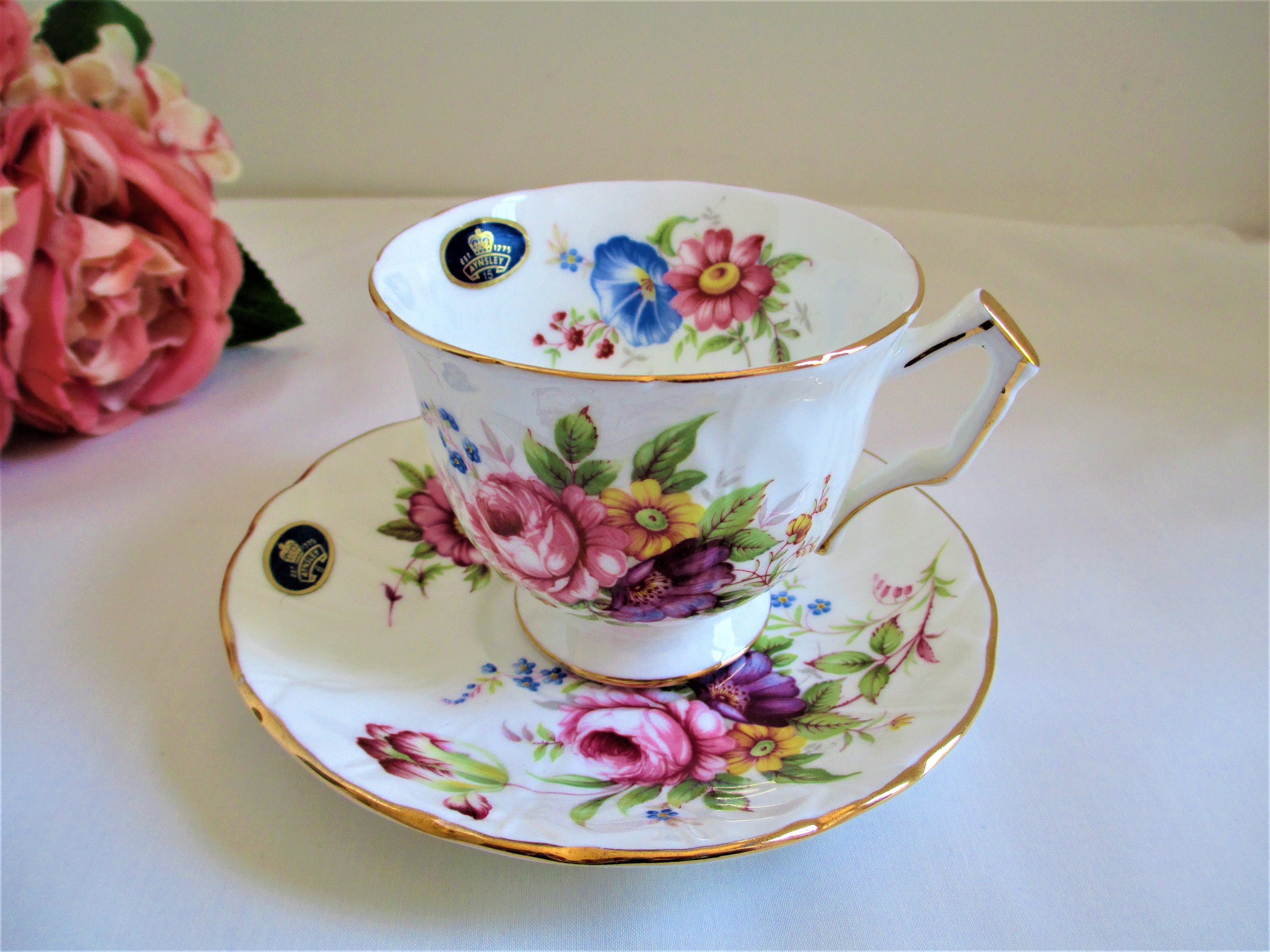 Aynsley Tea Cup and Saucer Rose Floral With Original Labels Still