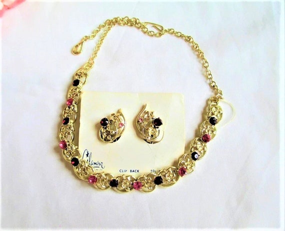 Vintage Coro Ruby Red & Pink Rhinestones With Gol… - image 1