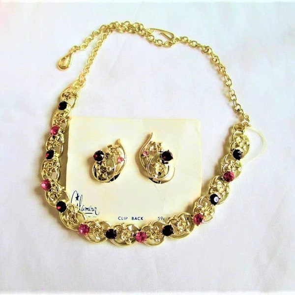 Vintage Coro Ruby Red & Pink Rhinestones With Gold Flowers Necklace and Earring Set  Never Worn Glamour Jewelry