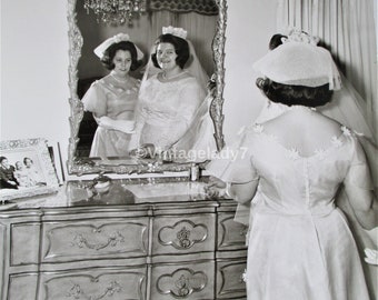 Vintage Photo 1966 Bride In Her Beautiful Wedding Dress  And Maid Of Honor Looking In A Mirror Archive Of PHOTOGRAPHER One Of A Kind 8X10