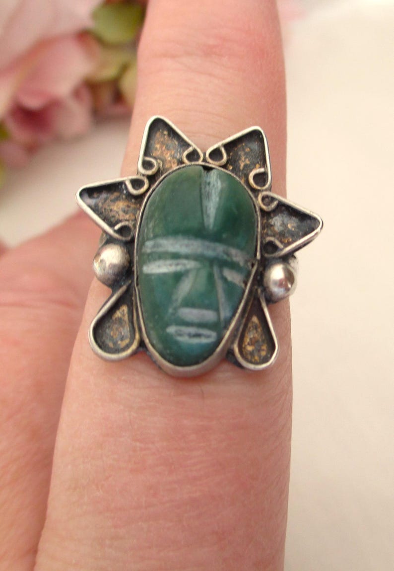 Vintage Ring Silver Mexico Ring Size 7.5 Green Agate Ring Filigree ...