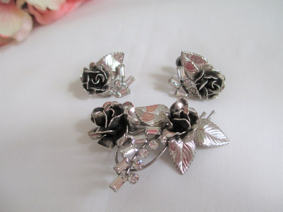 Vintage Sterling Rose Flower Roses With Rhineston… - image 2