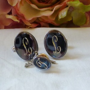Vintage Cufflinks Initial L Cufflinks & Tie Tack Hematite Men&#39;s Jewelry Formal Wedding For Him Hipster Vintage Cufflinks By Vintagelady7