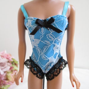 Barbie Doll Lingerie Blue With White, Black Lace Body Suit Nightie Fits Barbie size Dolls (Doll And Stand Not Included)