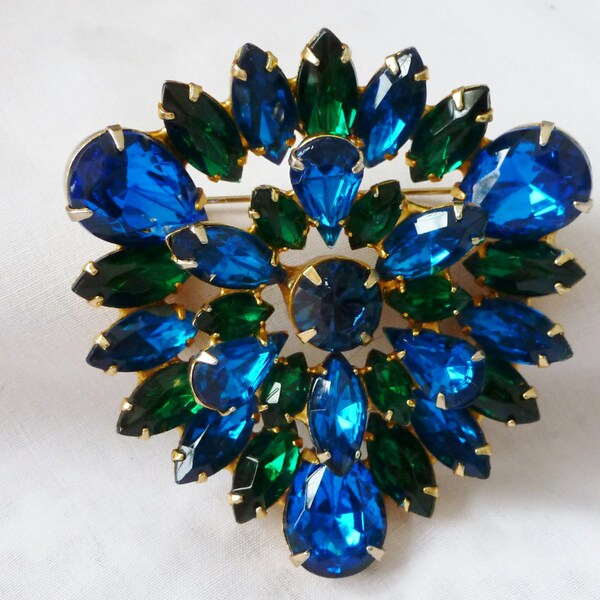 Amazing Shimmering Vintage JULIANA Huge Rhinestone Layered BROOCH - Magical Blues & Greens Emerald And Sapphire