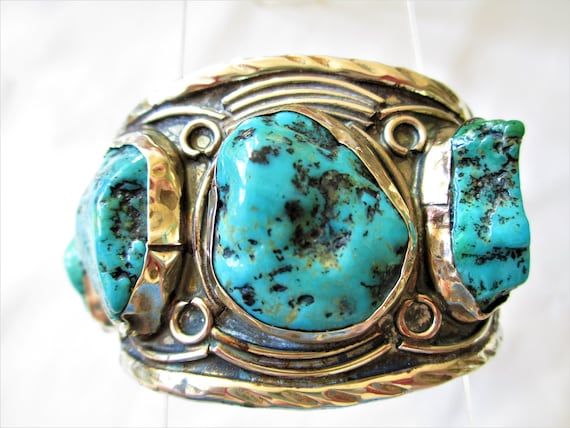 Chunky Rare Vintage Native American Navajo Green Old Kingman Turquoise Sterling Silver Bracelet Chunky Rare Vintage Native American Navajo Green Old Kingman Turquoise Sterling Silver Bracelet