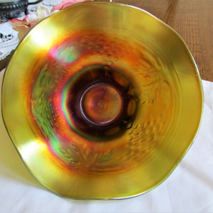 Northwood Green Carnival Glass Grape and Cable Thumbprint 7 Inch Bowl Hard To Find Unusual Piece Antique Carnival Glass Home Decor