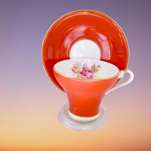 Aynsley Tea Cup And Saucer Orange with a Pink Roses, Corset Shape Burnt Orange Tea Party Antique Bone China Tea Cup Vintage Teacup set