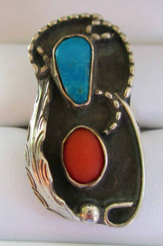 Vintage Ring Sterling Silver Turquoise & Coral Na… - image 4