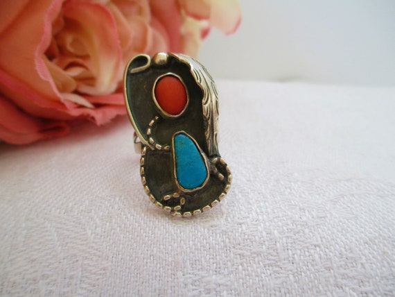 Vintage Ring Sterling Silver Turquoise & Coral Na… - image 1