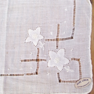 Vintage Hankie White Linen Embroidered Pulled thread Stunning Handkerchief  With Original Tag Wedding Hankie Vintage hankies by vintagelady7