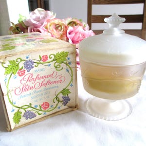 Avon Vintage 1970s Avon Perfumed Skin Softener Period Piece Decanter Moonwind Cologne In Original Box Satin Glass Grape Pattern Covered Dish