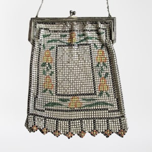 Vintage Purse Art Deco Floral Enamel Mesh Purse  Kiss Closure Unique Stunning Deco Pattern Purse