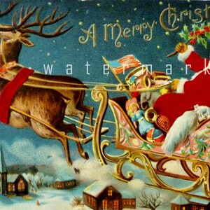 Postal navideña vintage con un hermoso trineo de Papá Noel y ciervos. Imagen imprimible digital para manualidades de papel.