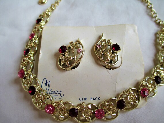 Vintage Coro Ruby Red & Pink Rhinestones With Gol… - image 3