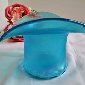 Vintage Fenton Celeste Blue Stretch Art Glass Hat Iridescent Quilt Pattern Glass Home Decor STUNNING!!!