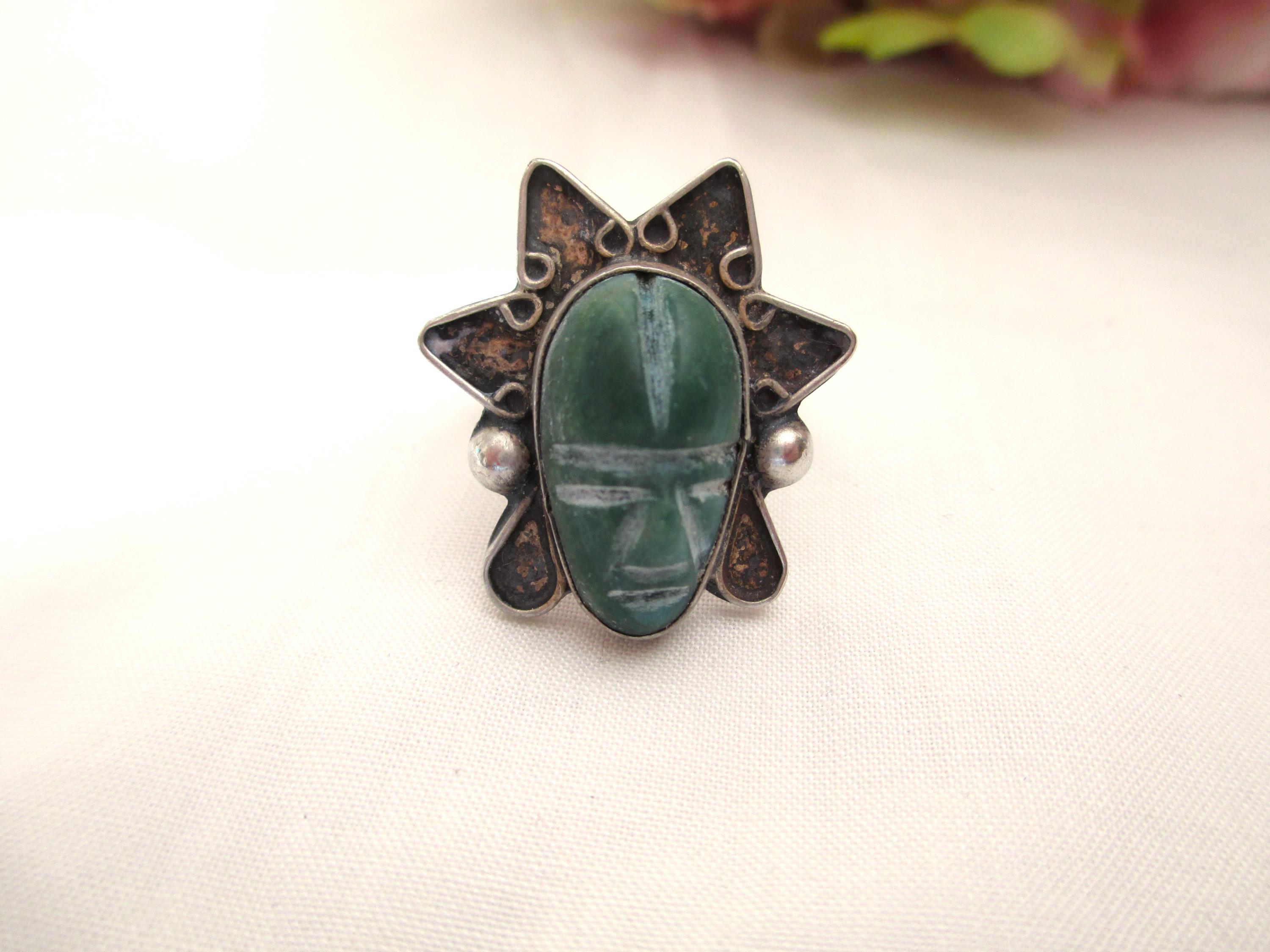 Vintage Ring Silver Mexico Ring Size 7.5 Green Agate Ring Filigree ...