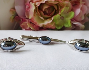 Swank Cufflinks Silver And Hematite Cufflinks & Tie clip Formal Wedding For Him, For Dad, Hipster