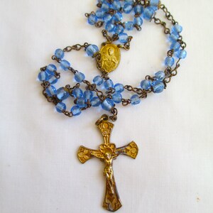 Antique Rosary Unique Brass Links With Hand Cut Blue Glass Beads † Collectible Rosary Catholic Necklace