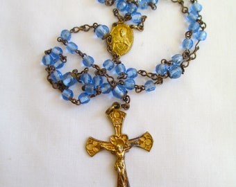 Antique Rosary Unique Brass Links With Hand Cut Blue Glass Beads † Collectible Rosary Catholic Necklace