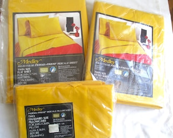 Juego de sábanas vintage, nuevo, de color liso retro para cama individual, sábana encimera y sábana plana, 2 fundas de almohada, sábanas de percal Perma-Prest de Sears de los años 70.
