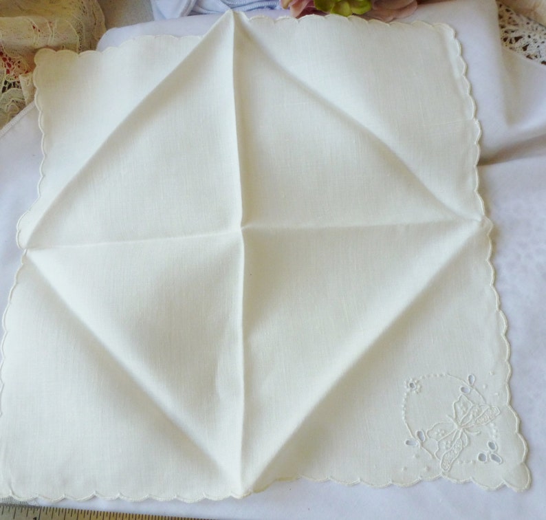 Vintage Solid White Madeira Butterfly Hankie Handkerchief Bridal Wedding