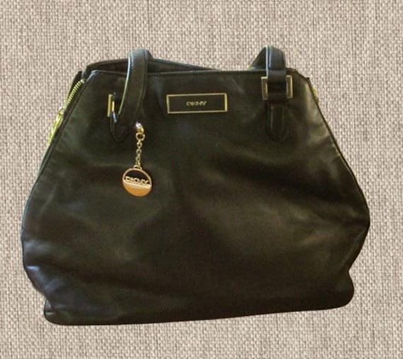 Dinky Donna Karen Black Saffiano Leather Double Zip Expandable Tote Bag / Purse Large With Cut Out DINKY Tag Beautiful