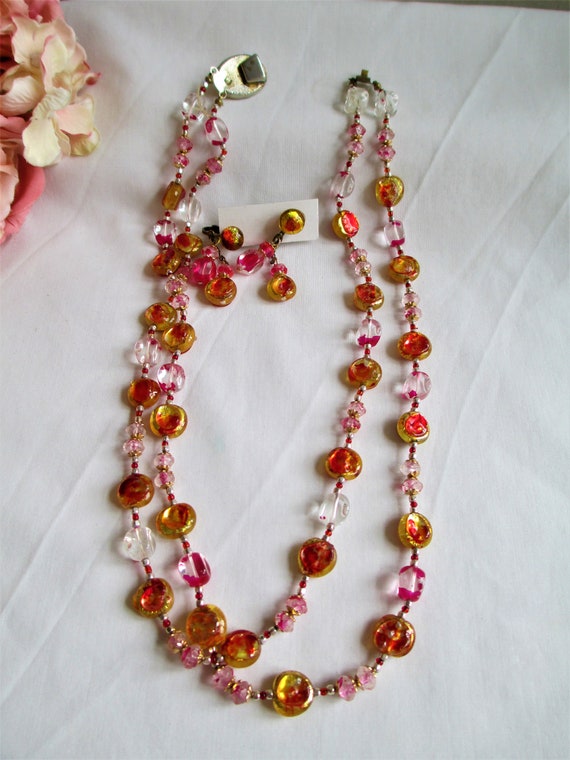 Vintage Art Glass Red, Yellow Foil Necklace And E… - image 7