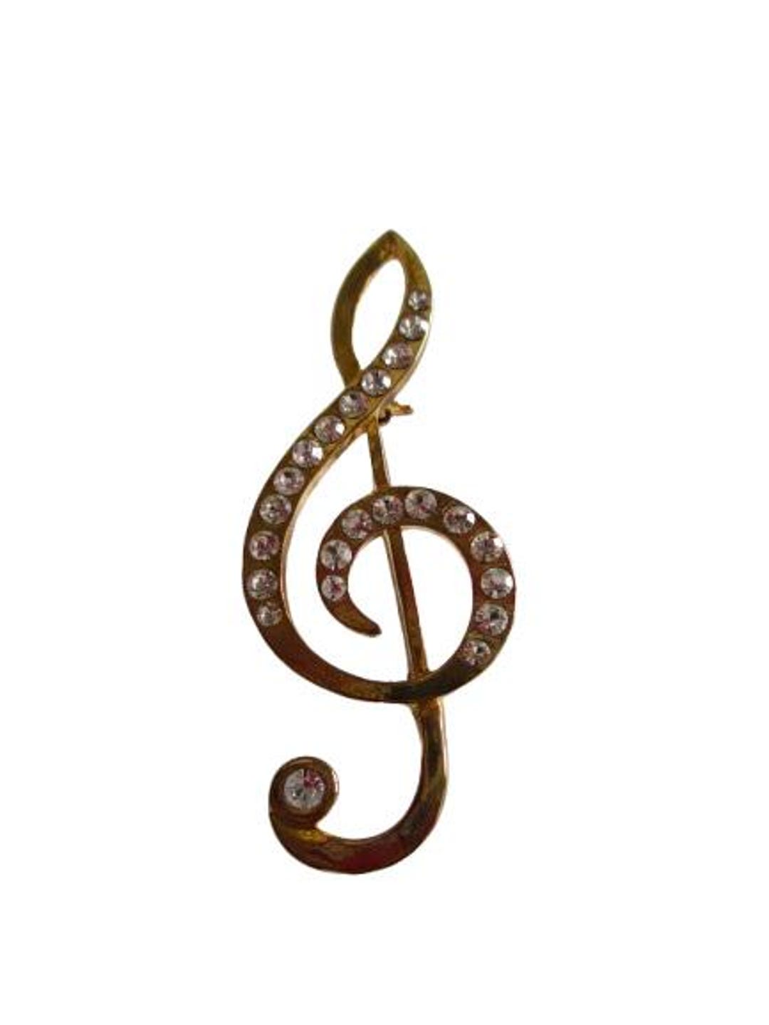 Vintage Treble Clef Rhinestone Music Note Brooch Pin Gold Tone Figural ...