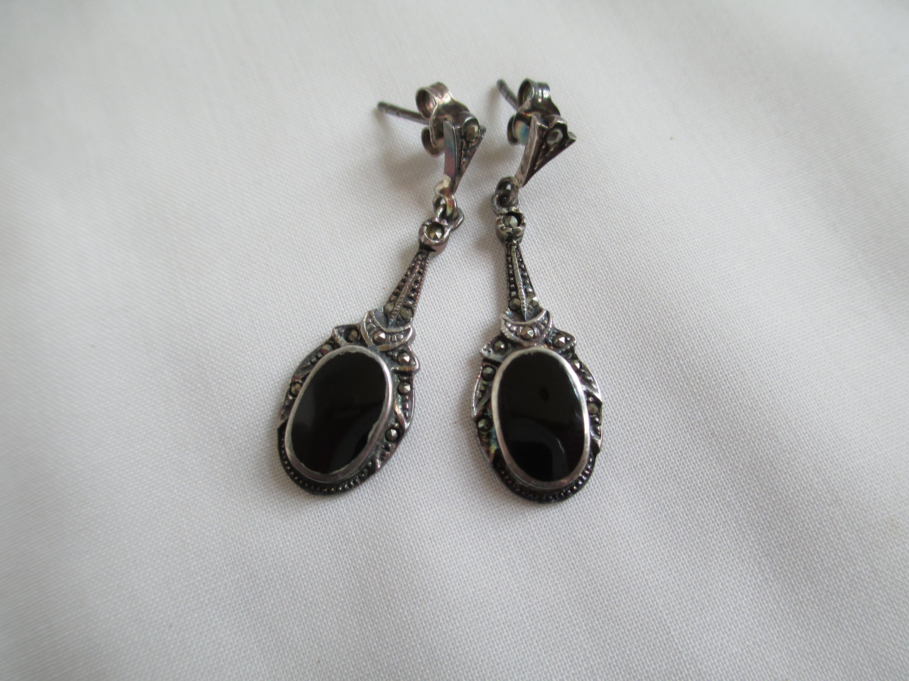 Orecchini vintage in argento sterling con onice nero dei nativi americani firmati - Italia