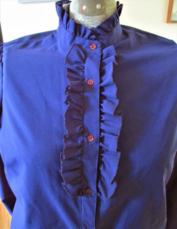 Vintage Blouse 60's 70's Button Down Ruffle Navy Blue… - Gem
