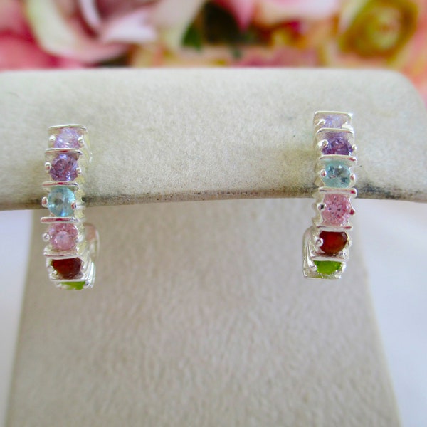 Vintage Earrings Sterling Silver Multi Color Stones Half Hoop Earrings