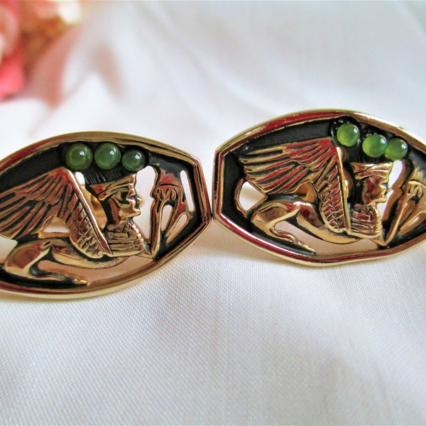 Vintage Swank Original SWANK Rare Egyptian Sphinx Cufflinks Mecca Gold Tone With 3 Jade Stones For Him, For Dad, Hipster Cuff Links