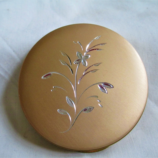 Vintage Compact Marhill Fifth Avenue Floral Engraved Copper and Gold Tone Powder Compact 1950s Vanity