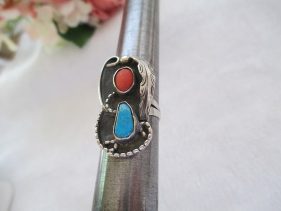 Vintage Ring Sterling Silver Turquoise & Coral Na… - image 9