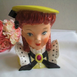 Jarrón con cabeza de dama, exquisita niña con coletas y sombrero con lazo, cabello castaño, figuras vintage coleccionables