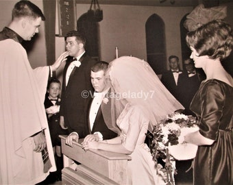 Vintage Photo 1965 Wedding Bride & Groom Kneeling And Standing Wedding Party ARCHIVE Of PHOTOGRAPHER One Of A Kind Ephemera