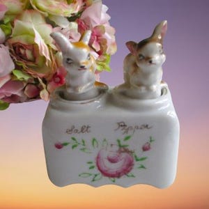 Puede incluir: Un juego de salero y pimentero de cerámica blanca con dos figuras de conejos. El juego está decorado con un diseño floral y las palabras "Salt" y "Pepper". Los conejos tienen color marrón y blanco.