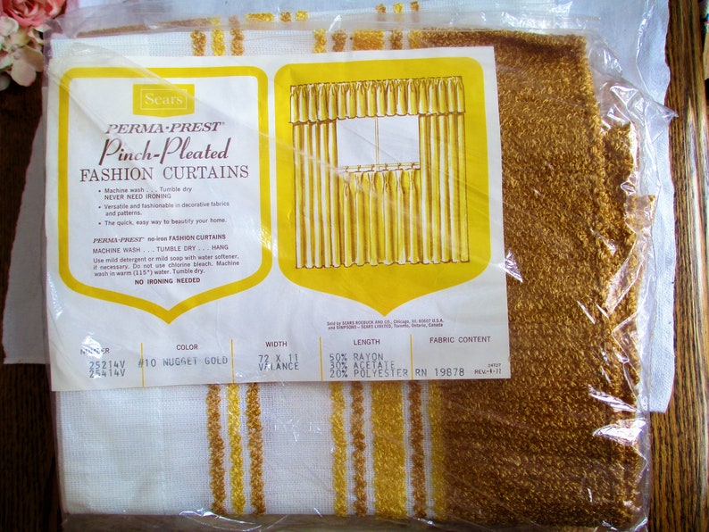 Curtains Valance Vintage Perma Prest Pinch Pleated Fashion Curtains 72x 11 Nugget Gold Striped Sears 1970/'s NOS In original package