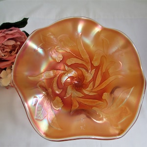 Antique Fenton Carnival GlassI ris Ruffled Compote Stemmed Dish Marigold Hard to Find Pattern Dish Bowl Home Decor