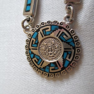 Vintage Sterling Silver Aztec Mayan Sun God Link Necklace Turquoise Pendant Necklace Stunning Piece