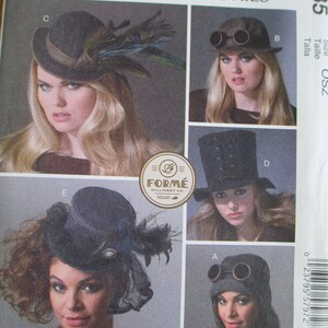May include: McCall's Fashion Accessories pattern featuring various hat designs. The hats include a fedora with feathers, a hat with goggles, a top hat, and a beanie with goggles. The pattern is labeled M7335.