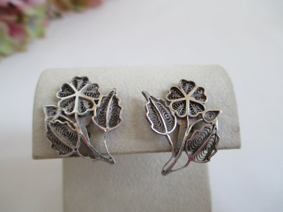 Vintage Earrings Sterling Silver Flower Filigree … - image 5