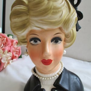 Lady Head Vase Exquisite Large 8 1/2 Inch Young Lady Bow In Hair Pearl Earrings & Necklace Napcoware C8498 Napco lady head vase planter