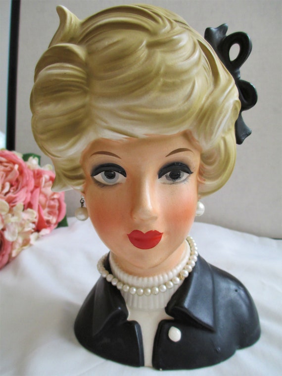 Lady Head Vase Exquisite Large 8 1/2 Inch Young Lady Bow in