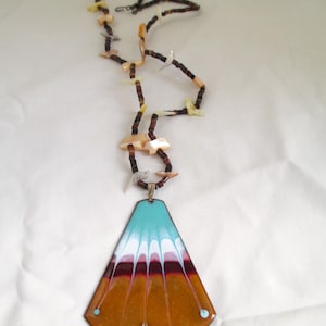 Vintage Mother Pearl Fetish Necklace And Heishi Beads With  Enamel Over Copper Signed Pendant 24 inch Great Detail 1970&#39;s Necklace