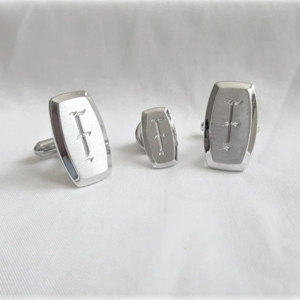 Vintage Hickok Silver With Letter F Cufflinks and Tie Tack Monogram F Vintage Industrial