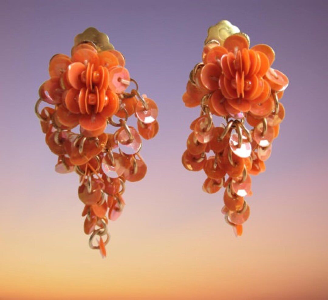 Vintage Earrings Orange Sequin Flower Dangle Clip Earrings Etsy
