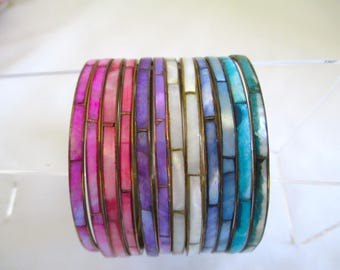 Vintage Inlaid Mother Of Pearl Bangle Bracelets Brass MOP Bracelet You Choose