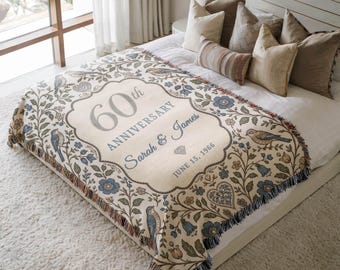 Personalized 60th Anniversary Woven Blanket, Blue Floral Bird Diamond Wedding Gift for Parents, Custom Couple Names Date Keepsake Throw Gift